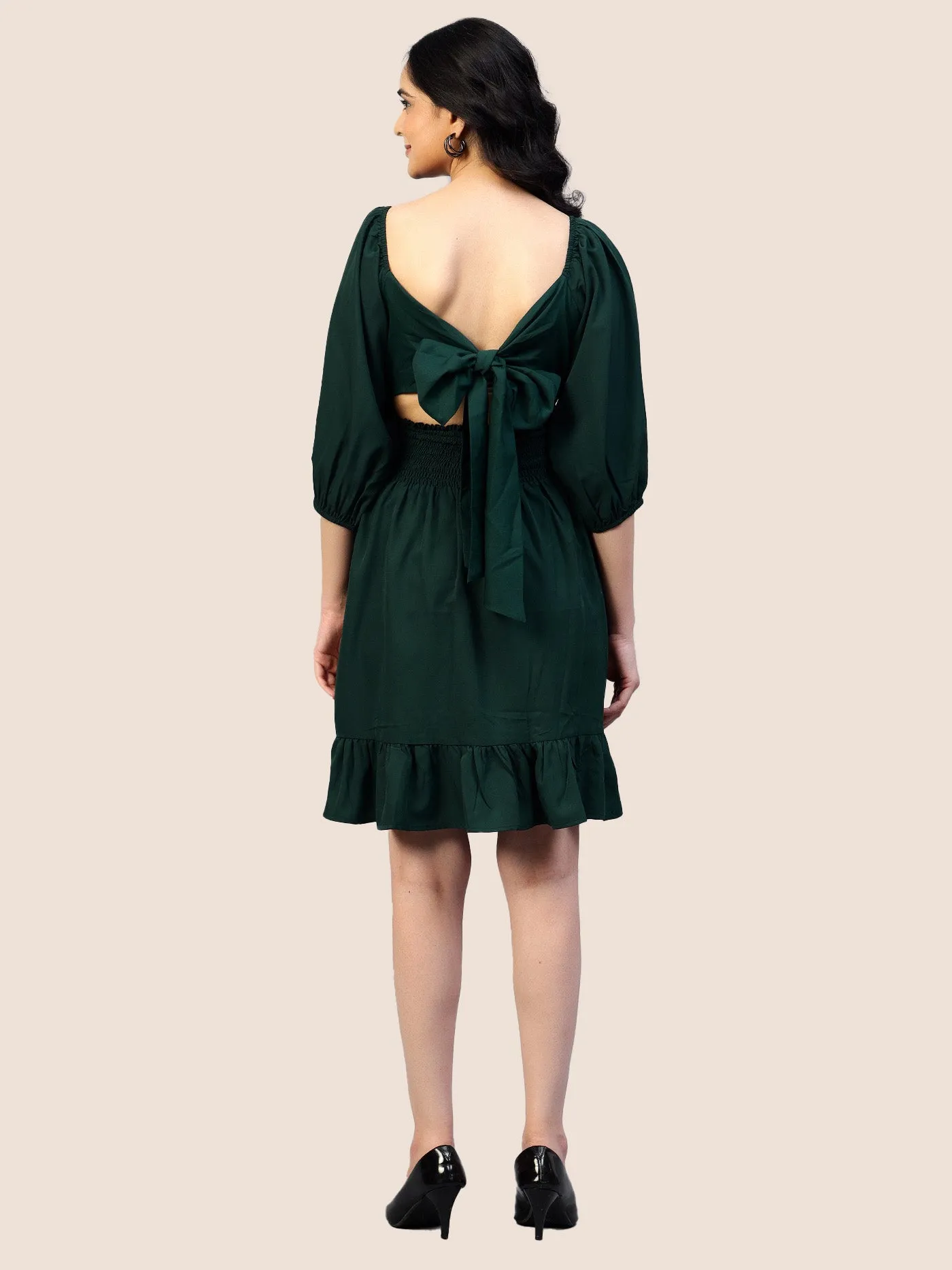 Dark Green Waist Belt Frill Dress