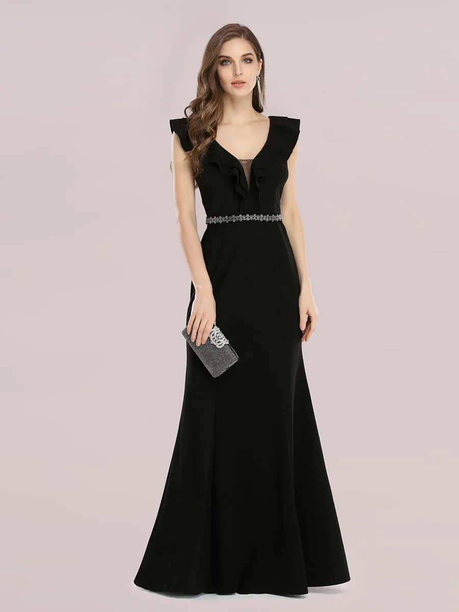 Deep V Neck Fishtail Evening Dress with Hot Drill Belt