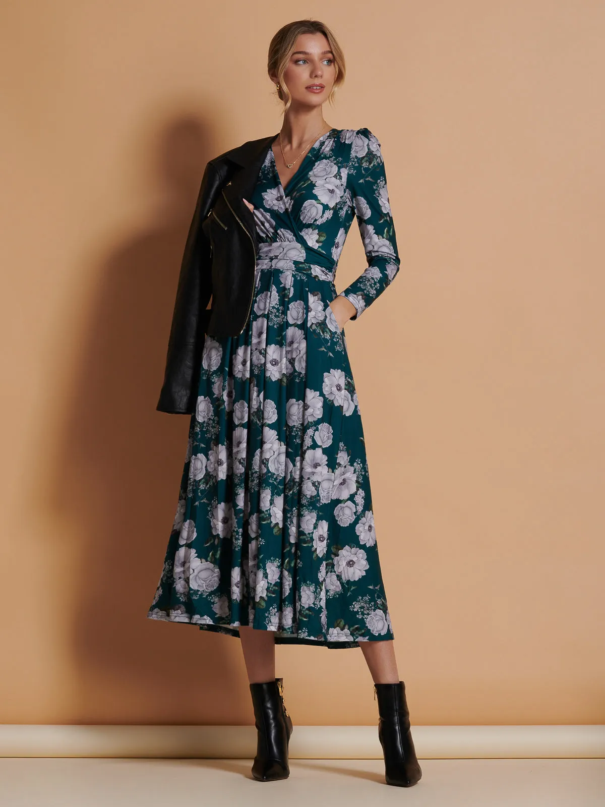 Devorah Printed Jersey Long Sleeve Maxi, Green Floral