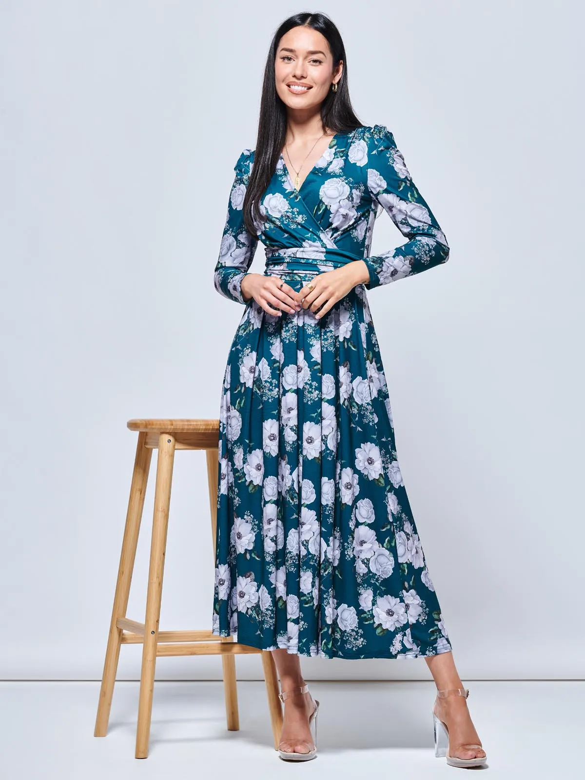 Devorah Printed Jersey Long Sleeve Maxi, Green Floral