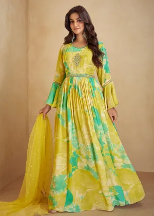 Digital Printed & Mirror Embroidered Anarkali Gown in Yellow