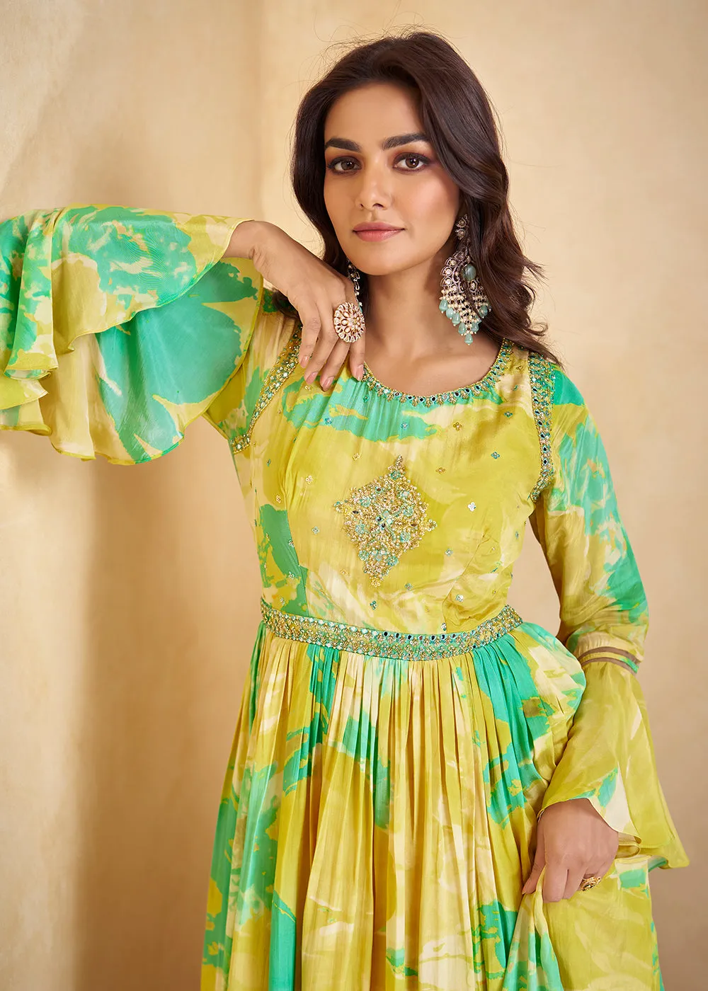 Digital Printed & Mirror Embroidered Anarkali Gown in Yellow