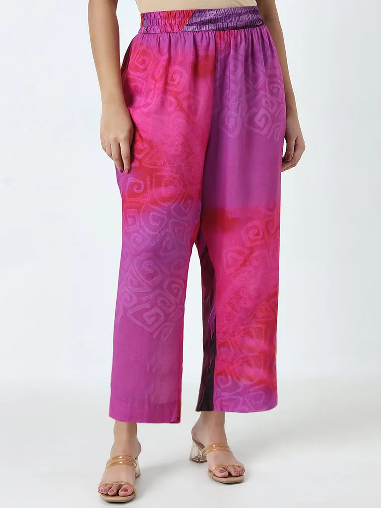 Diza Magenta Printed High-Rise Palazzos