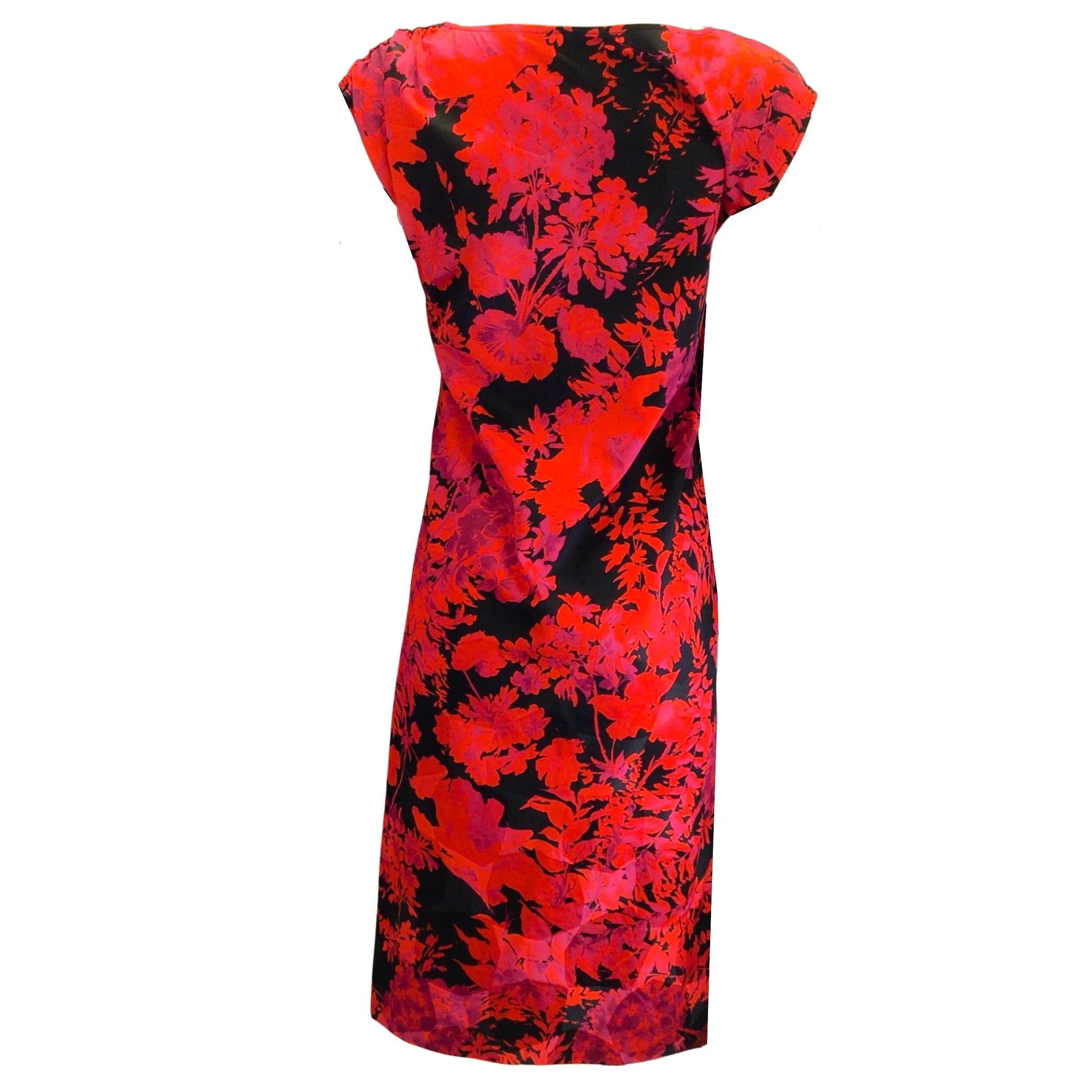 Dries van Noten Poppy Red / Pink / Black Deto Ruched Gathered Floral Printed Midi Shift Dress