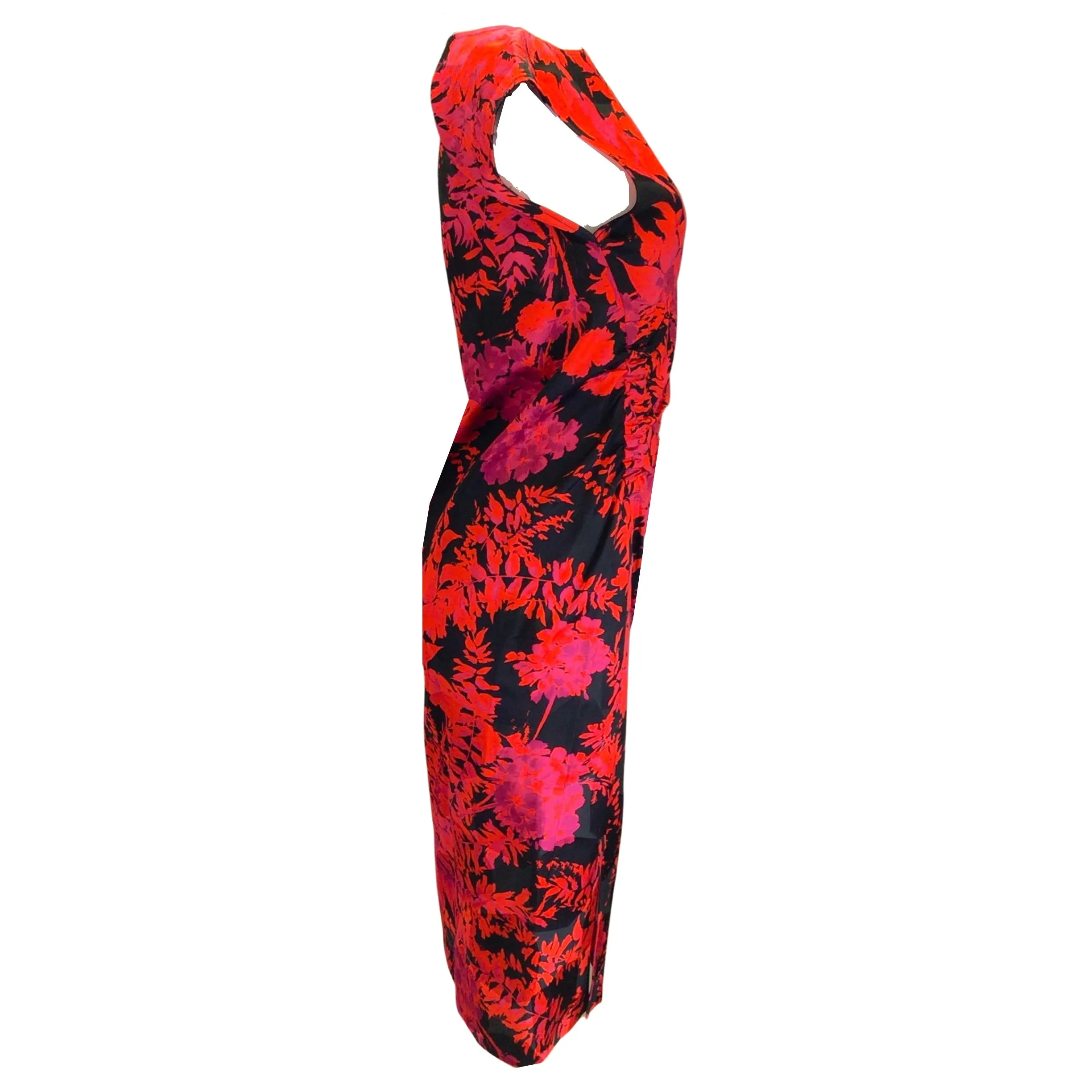 Dries van Noten Poppy Red / Pink / Black Deto Ruched Gathered Floral Printed Midi Shift Dress