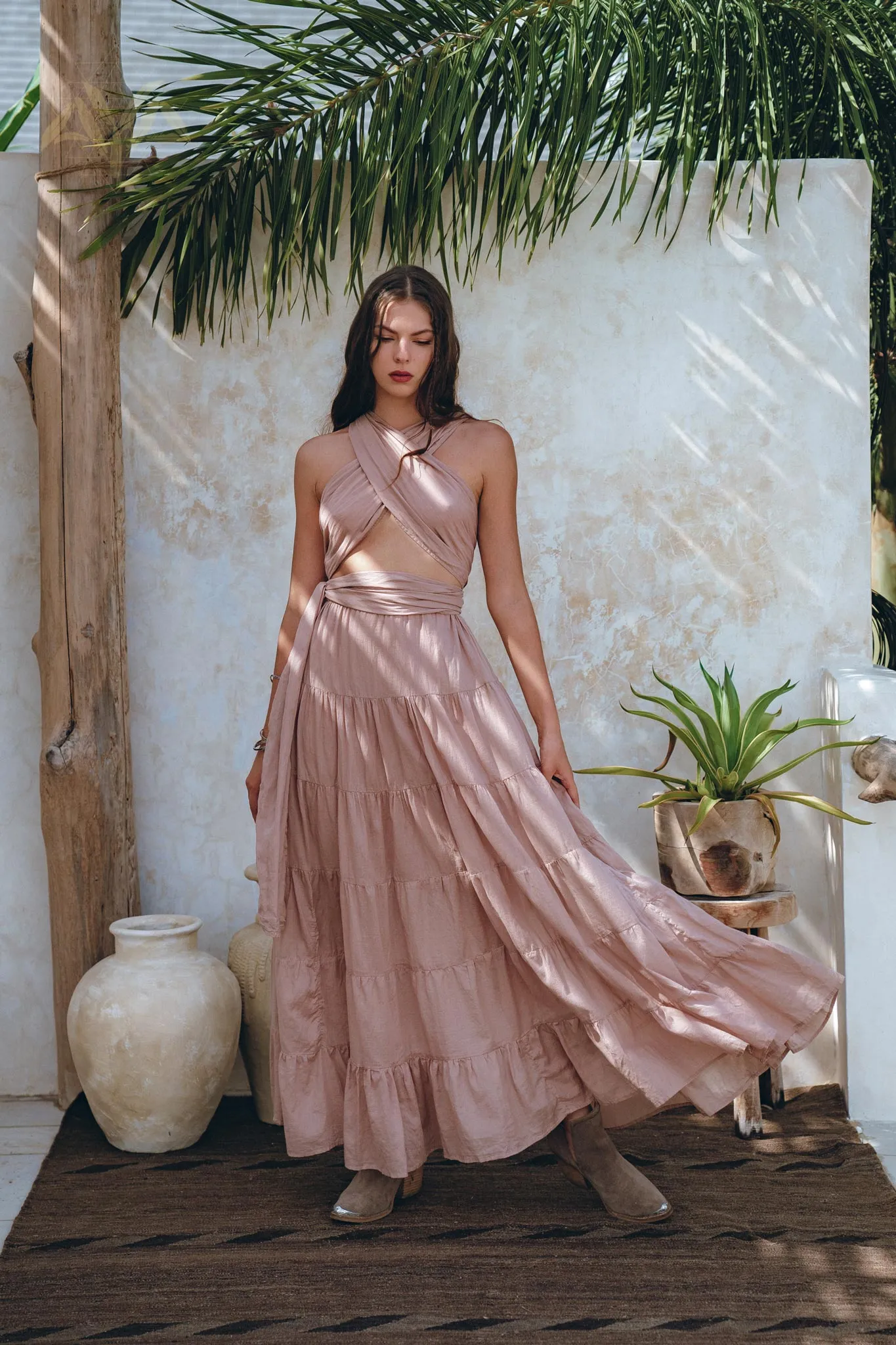 Dusty Pink Bohemian Adjustable Dress • Boho Evening Open Back Belly Dress