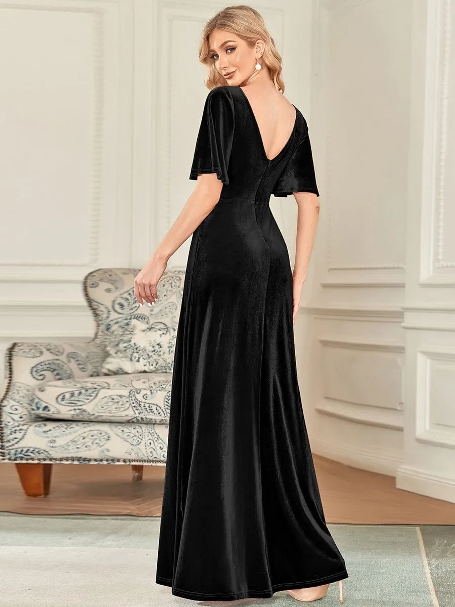 Elegant Double V Neck Velvet Party Dress with Sleeves