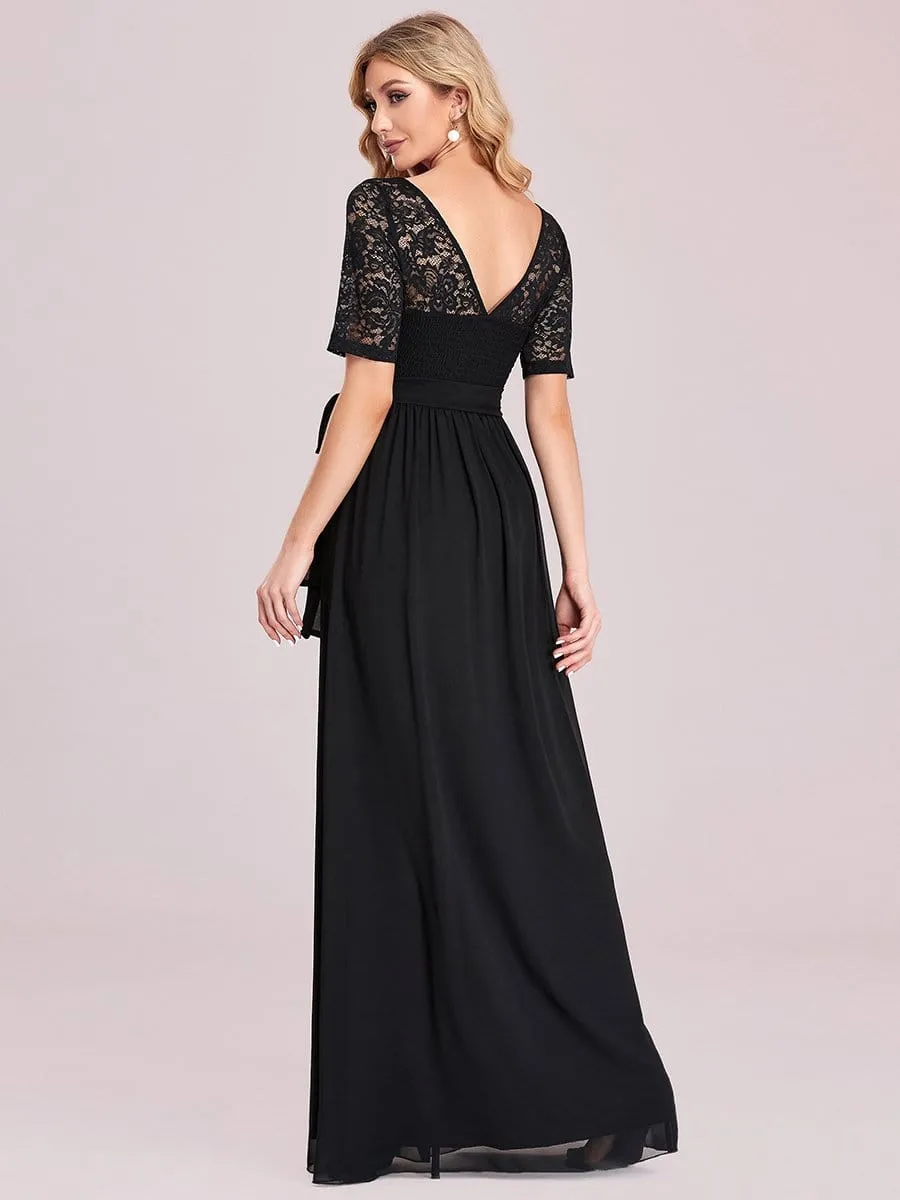 Elegant Lace Bodice Chiffon Maxi Evening Dress with Belt