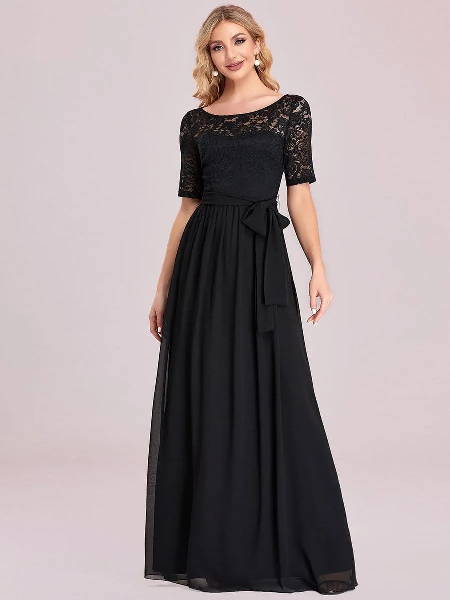 Elegant Lace Bodice Chiffon Maxi Evening Dress with Belt