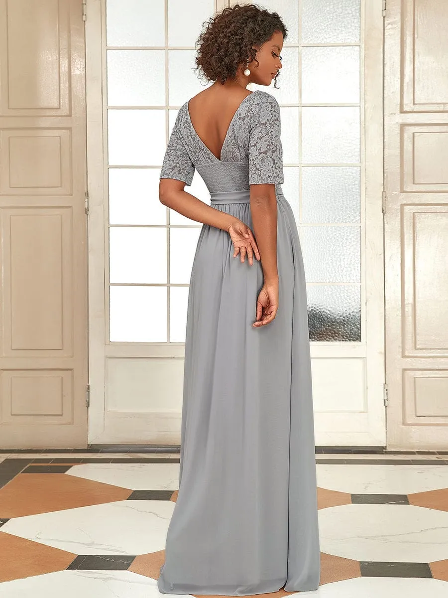 Elegant Lace Bodice Chiffon Maxi Evening Dress with Belt