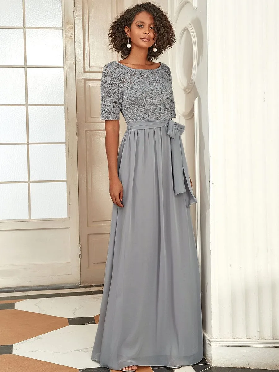 Elegant Lace Bodice Chiffon Maxi Evening Dress with Belt