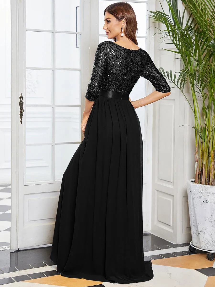 Elegant Round Neckline Long Sleeves Sequin Evening Dress