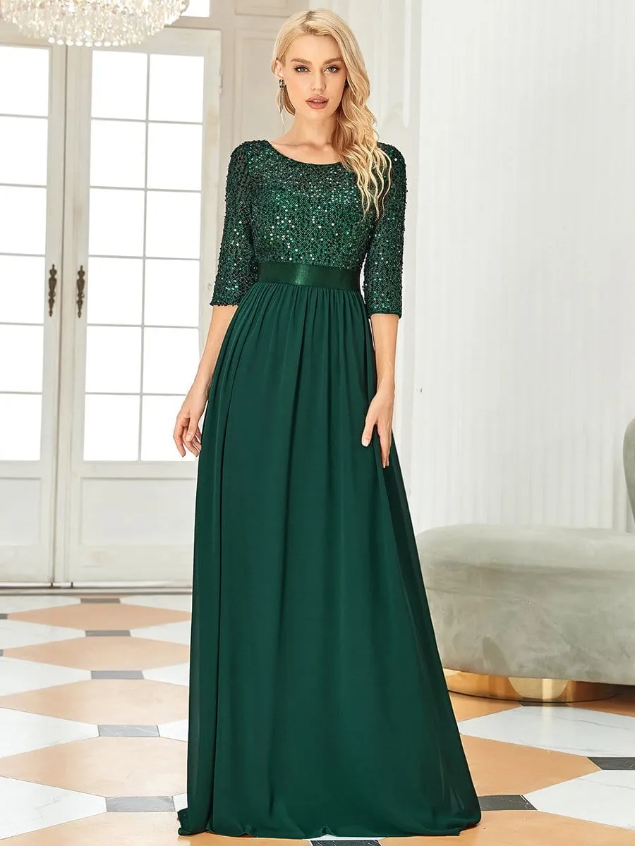 Elegant Round Neckline Long Sleeves Sequin Evening Dress