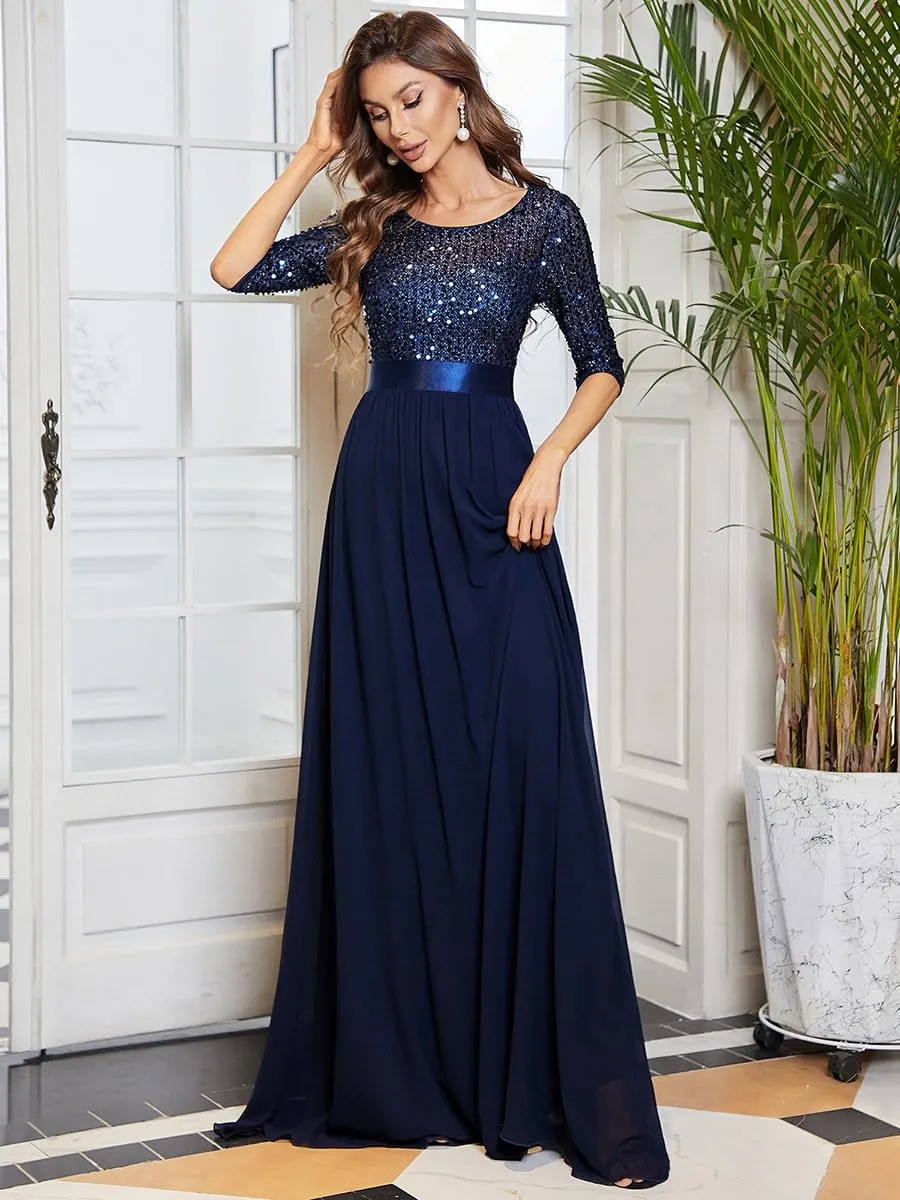 Elegant Round Neckline Long Sleeves Sequin Evening Dress