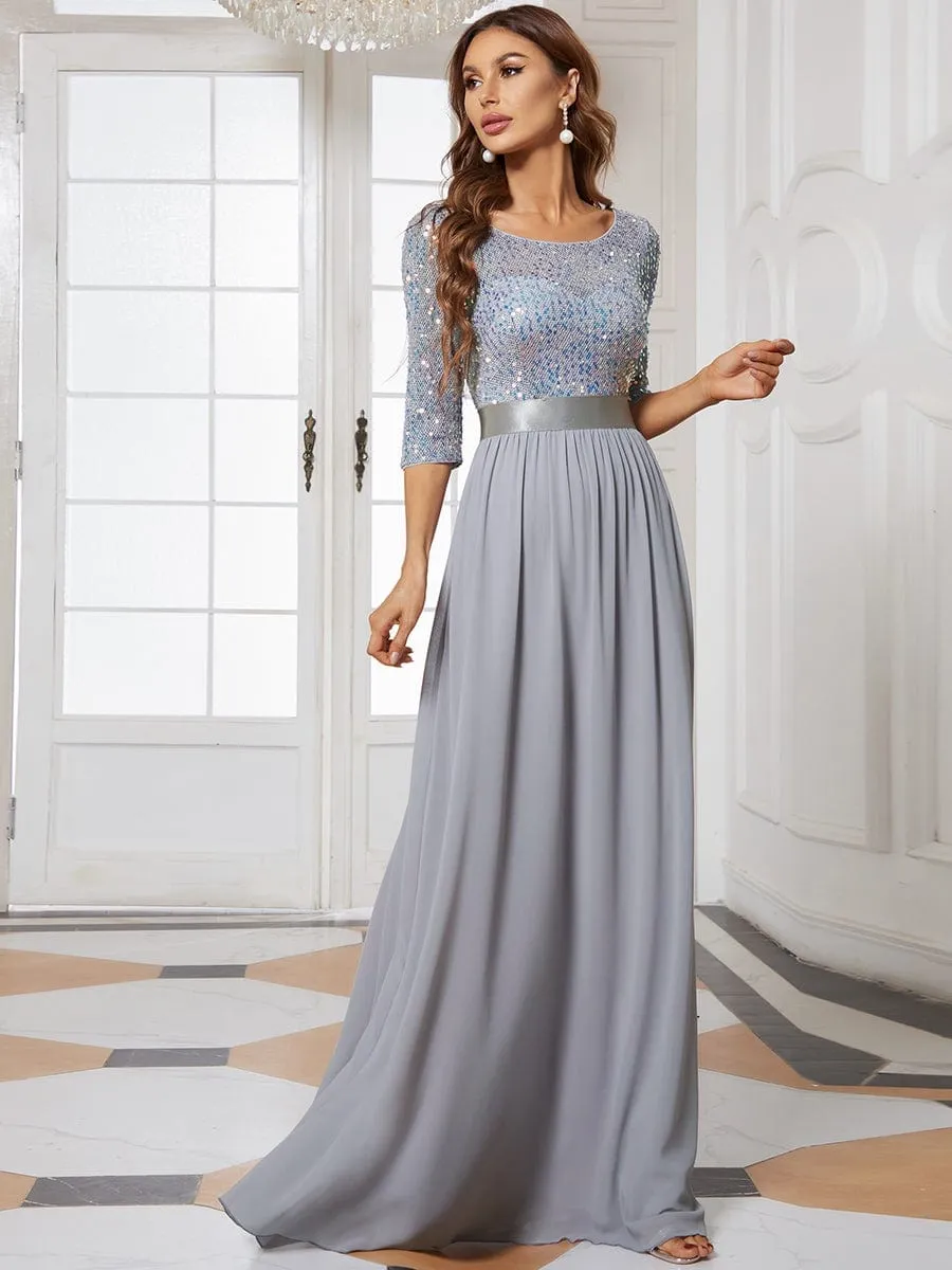 Elegant Round Neckline Long Sleeves Sequin Evening Dress