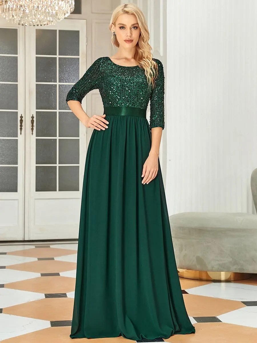 Elegant Round Neckline Long Sleeves Sequin Evening Dress