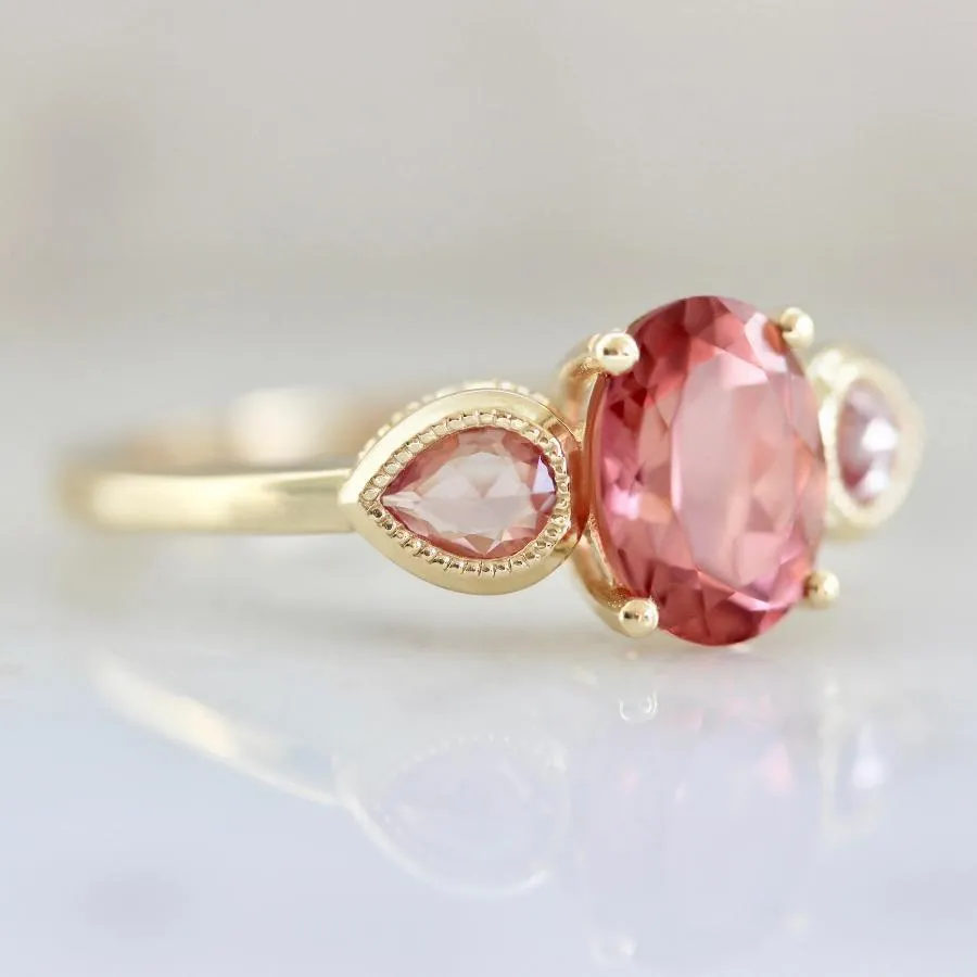 Elodie Pink Tourmaline and Sapphire Three Stone Ring