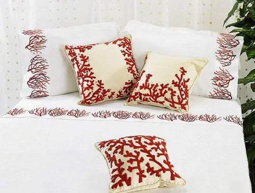 Embroidered Coral Cotton Sateen Bed Linens Close-Outs!