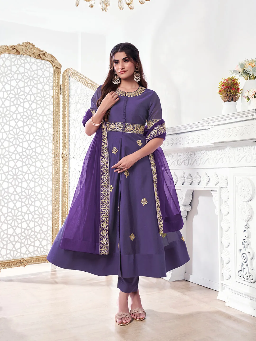 Ethnic Motifs Embroidered Chanderi Cotton A-Line Kurta With Trousers & Dupatta