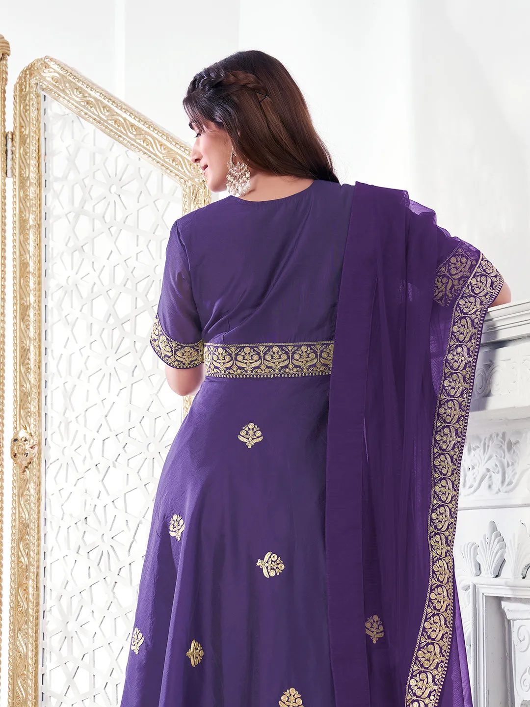 Ethnic Motifs Embroidered Chanderi Cotton A-Line Kurta With Trousers & Dupatta