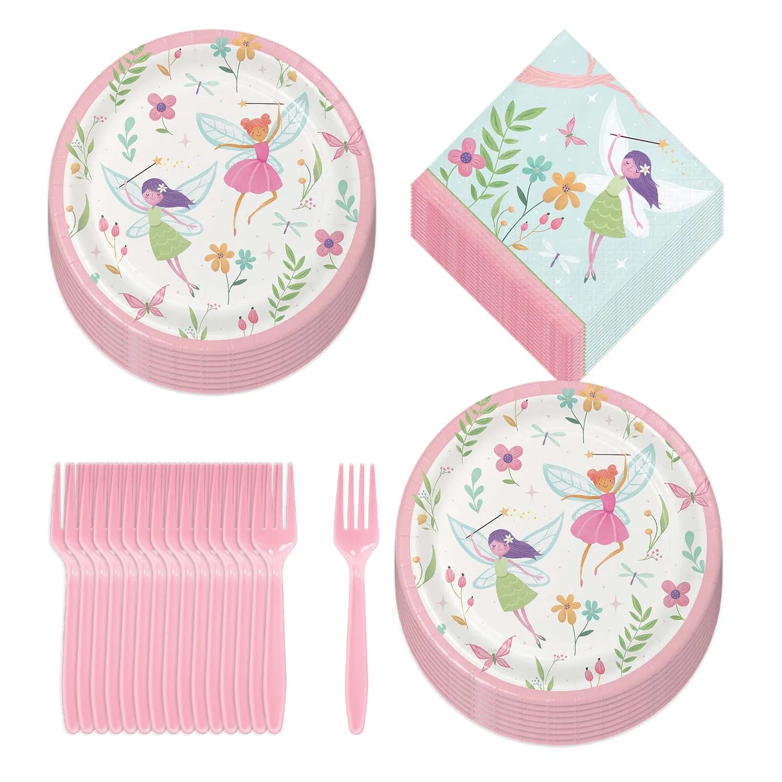 Fairy Party Supplies - Fairy Forest Paper Dessert Plates, Napkins, and Forks (Serves 16)