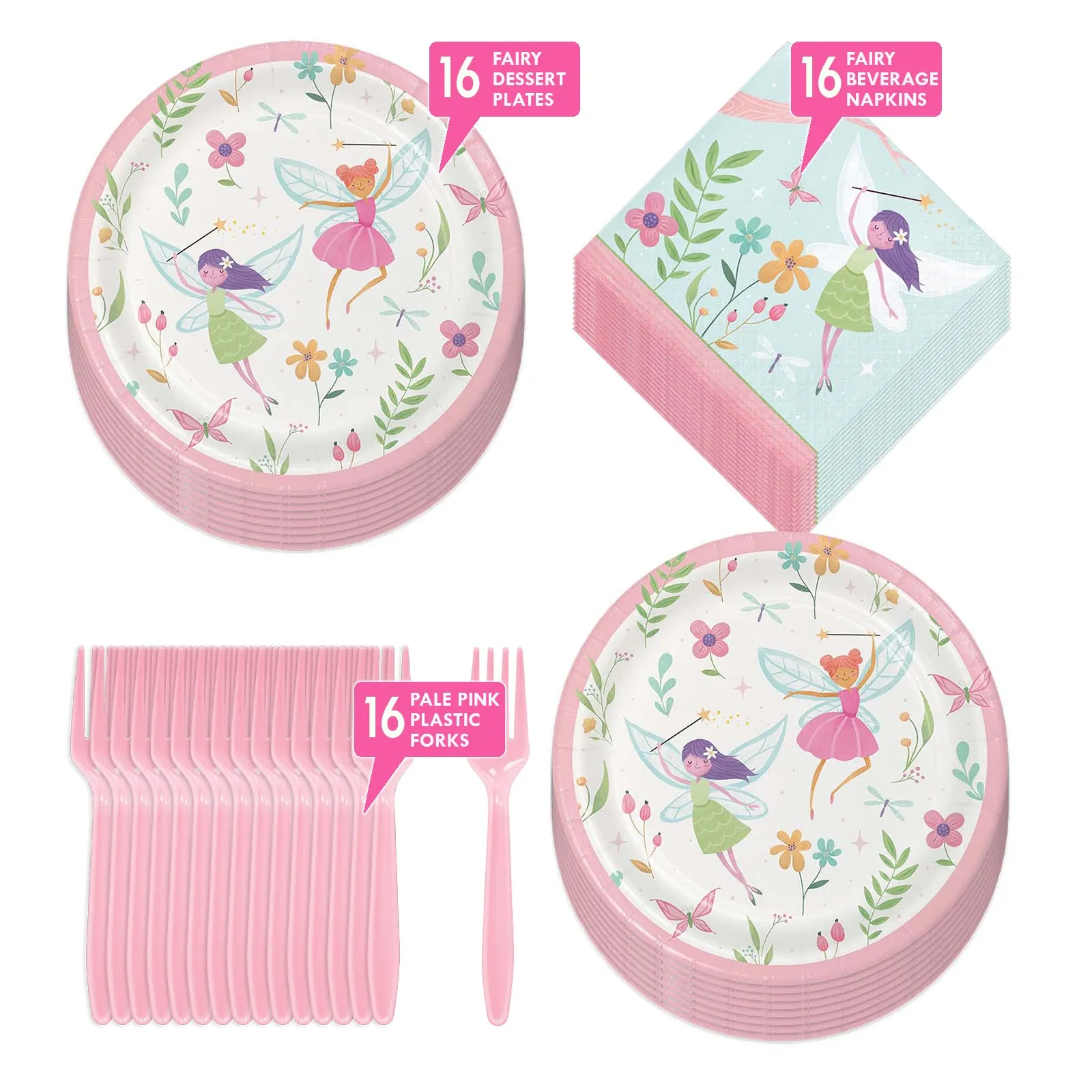 Fairy Party Supplies - Fairy Forest Paper Dessert Plates, Napkins, and Forks (Serves 16)