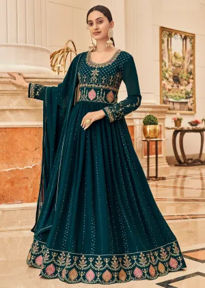 Festive Embroidered Blue Elegant Georgette Anarkali Suit