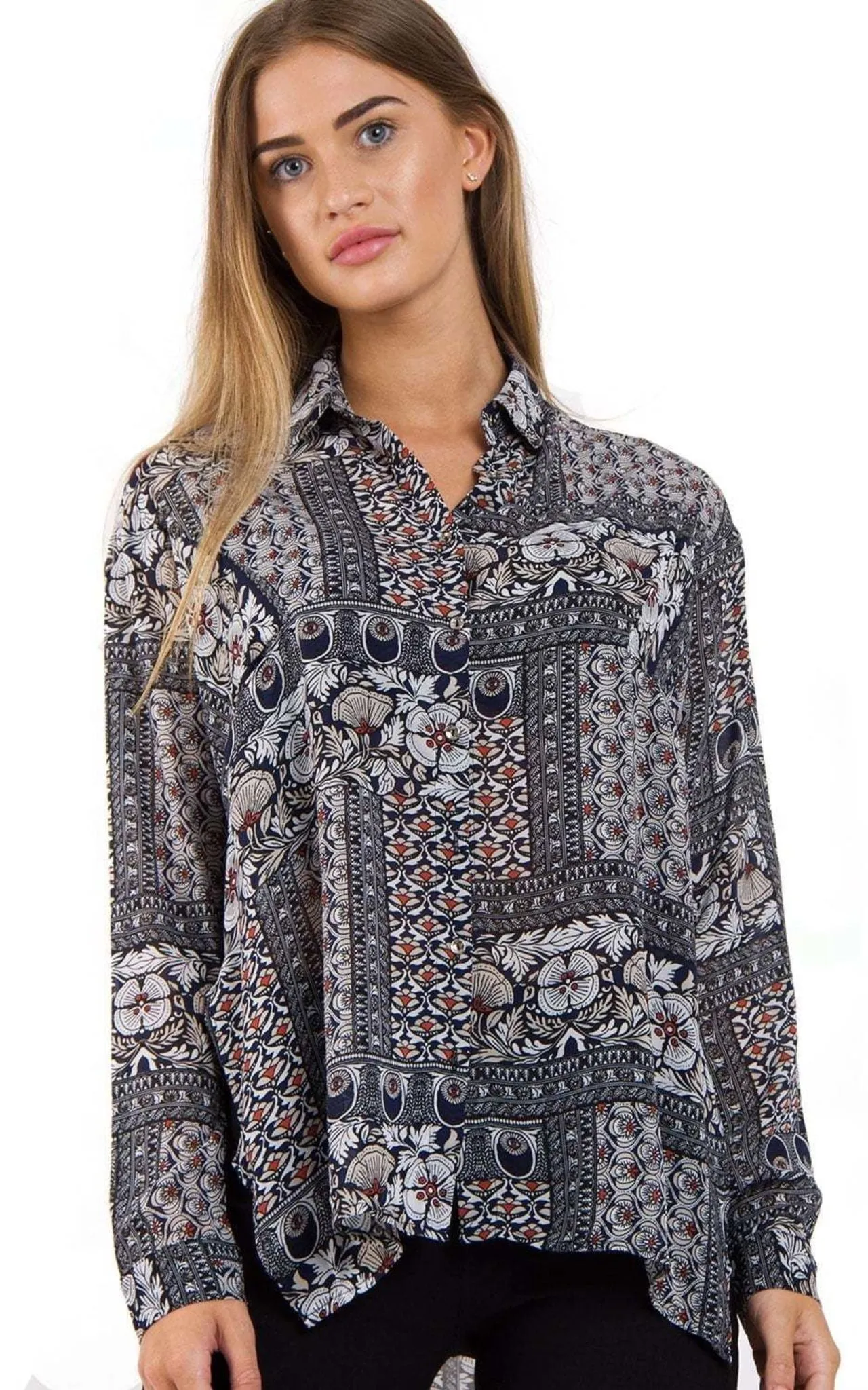 Floral Roman Pattern Printed Asymmetric Blouse