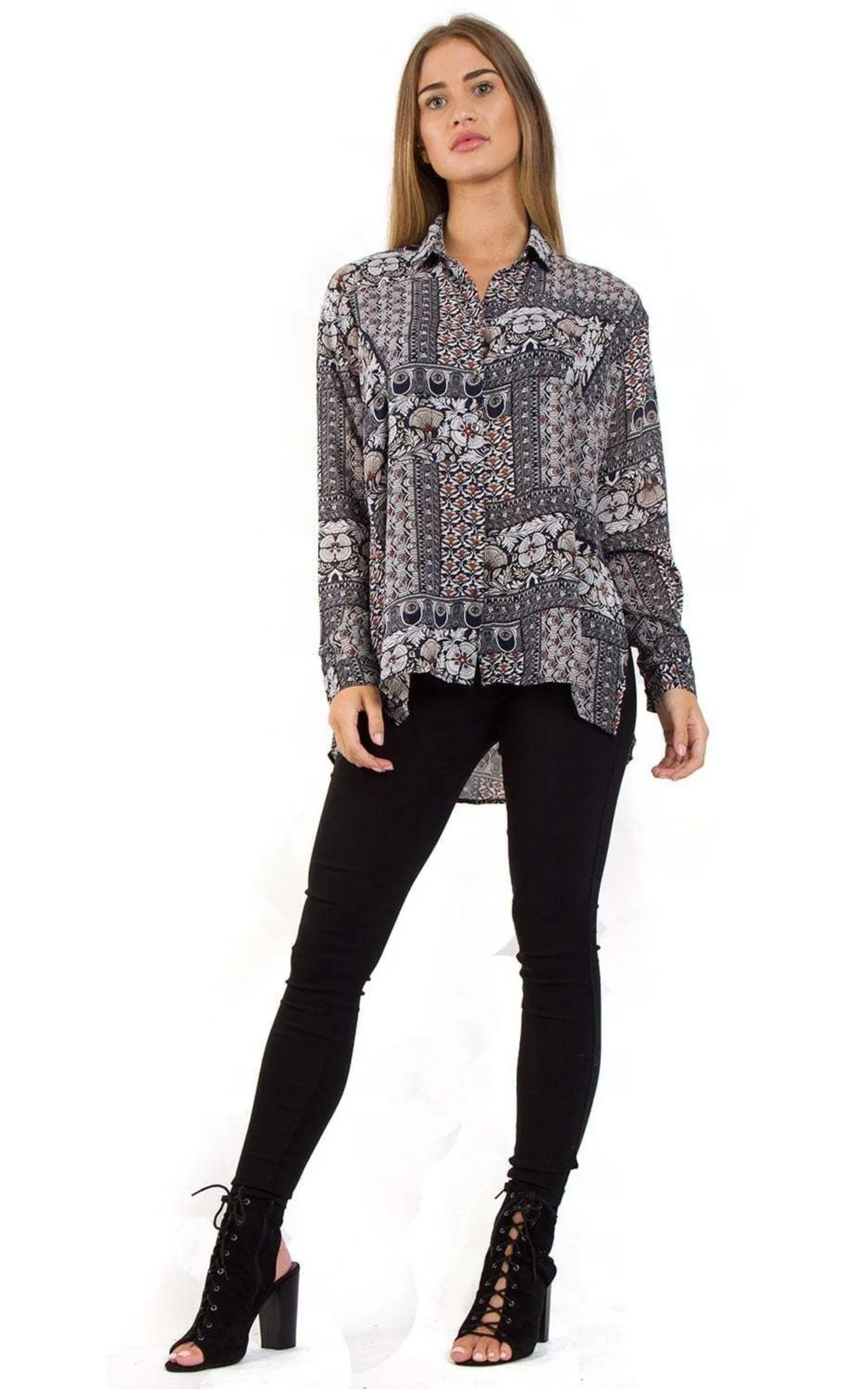 Floral Roman Pattern Printed Asymmetric Blouse