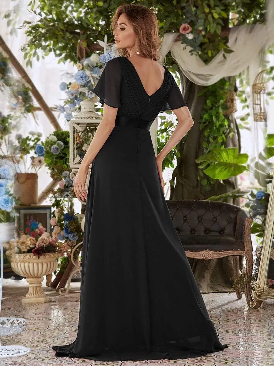 Flutter Sleeves Empire Waist Long Chiffon Evening Dress