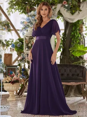 Flutter Sleeves Empire Waist Long Chiffon Evening Dress