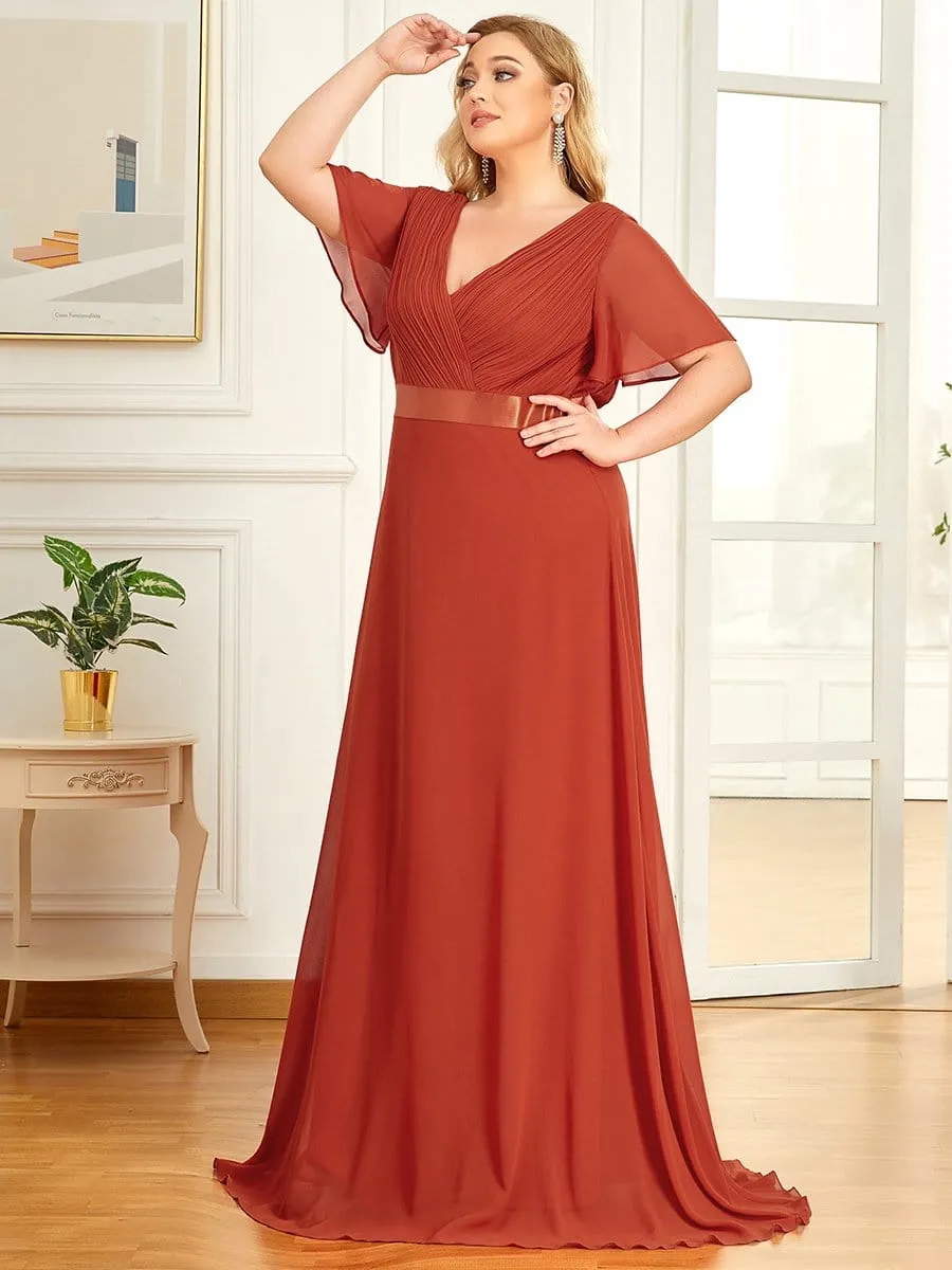 Flutter Sleeves Empire Waist Long Chiffon Evening Dress