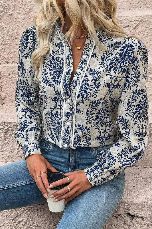 Free Spirit - Bohemian Printed Bishop Sleeve Lace Shirt