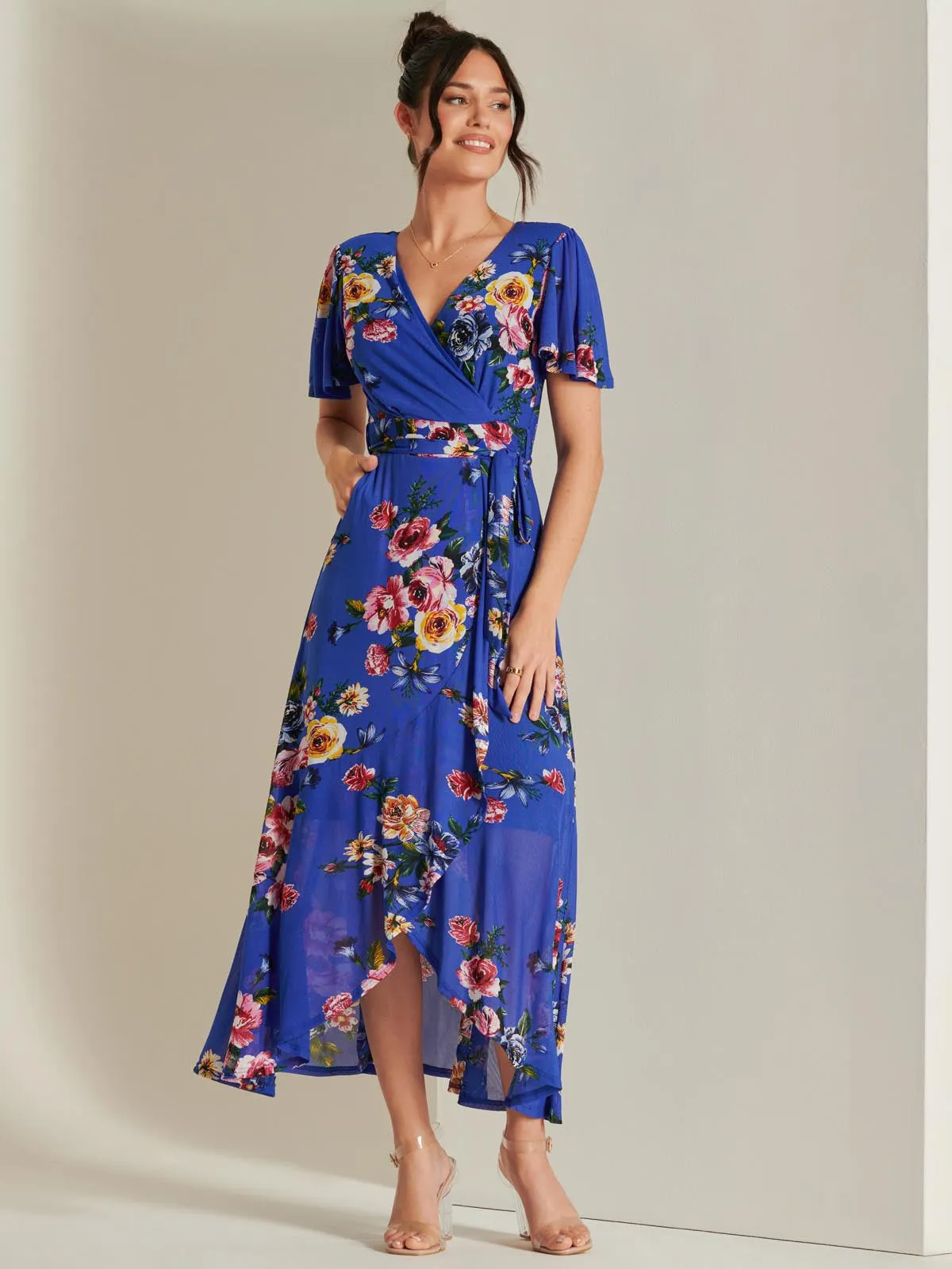 Frill Dip Hem Mesh Maxi Dress, Royal Floral