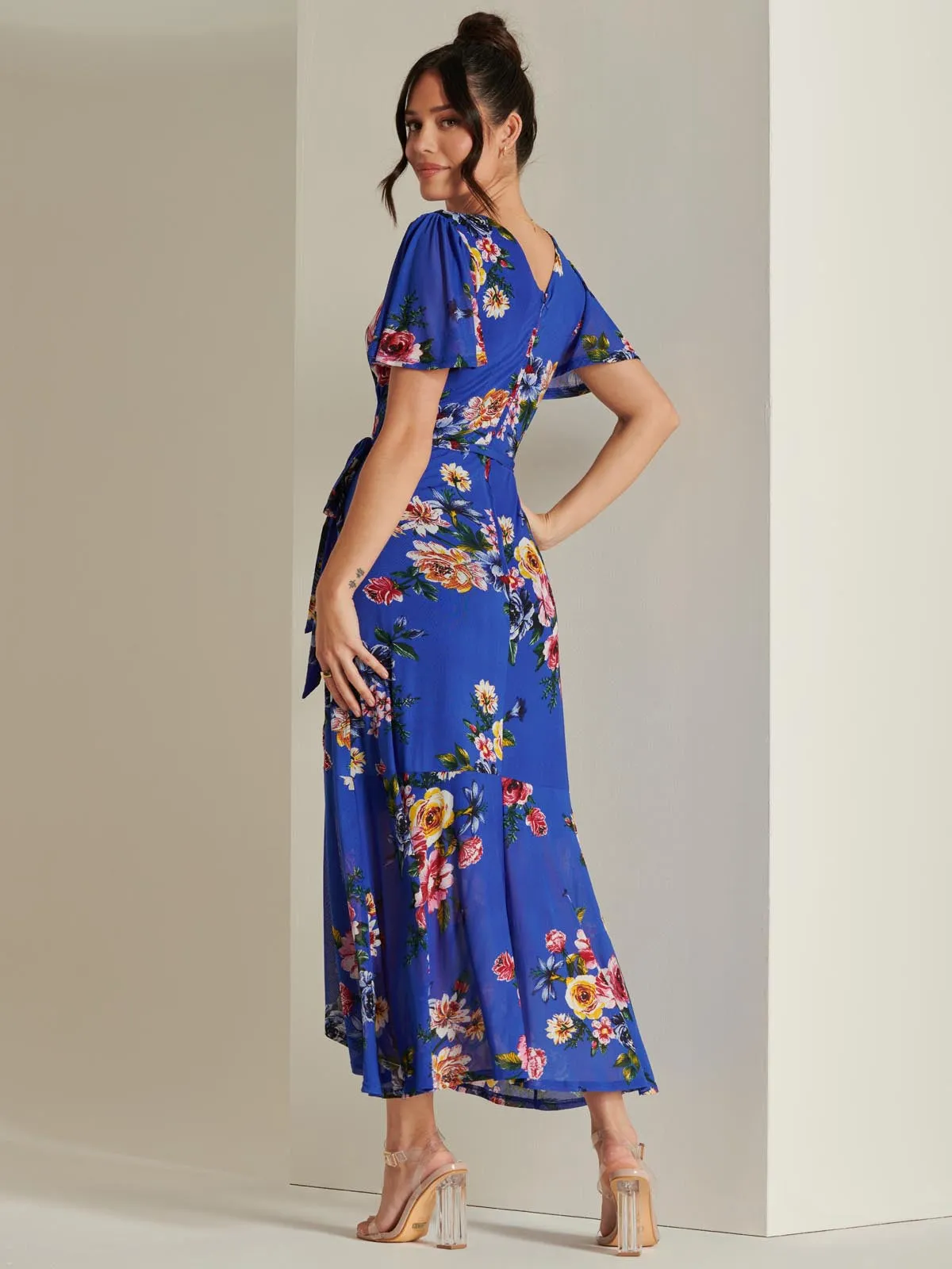 Frill Dip Hem Mesh Maxi Dress, Royal Floral