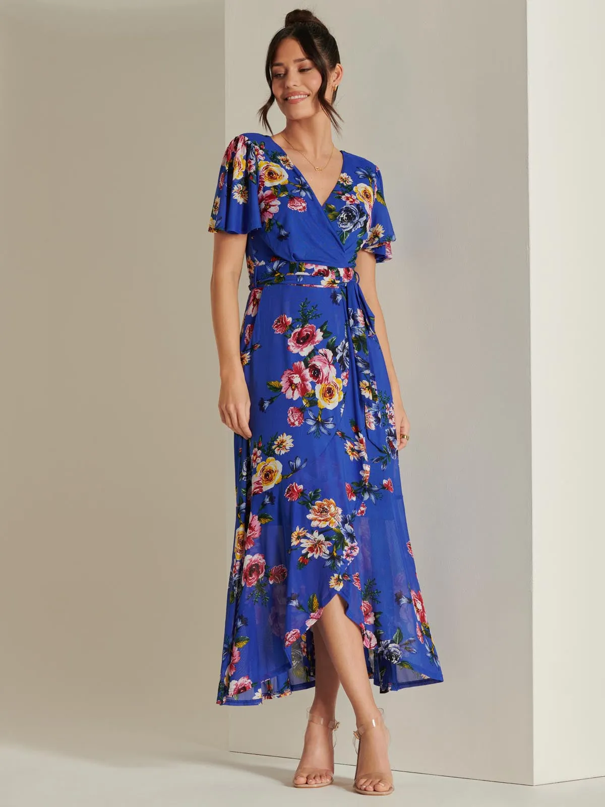 Frill Dip Hem Mesh Maxi Dress, Royal Floral