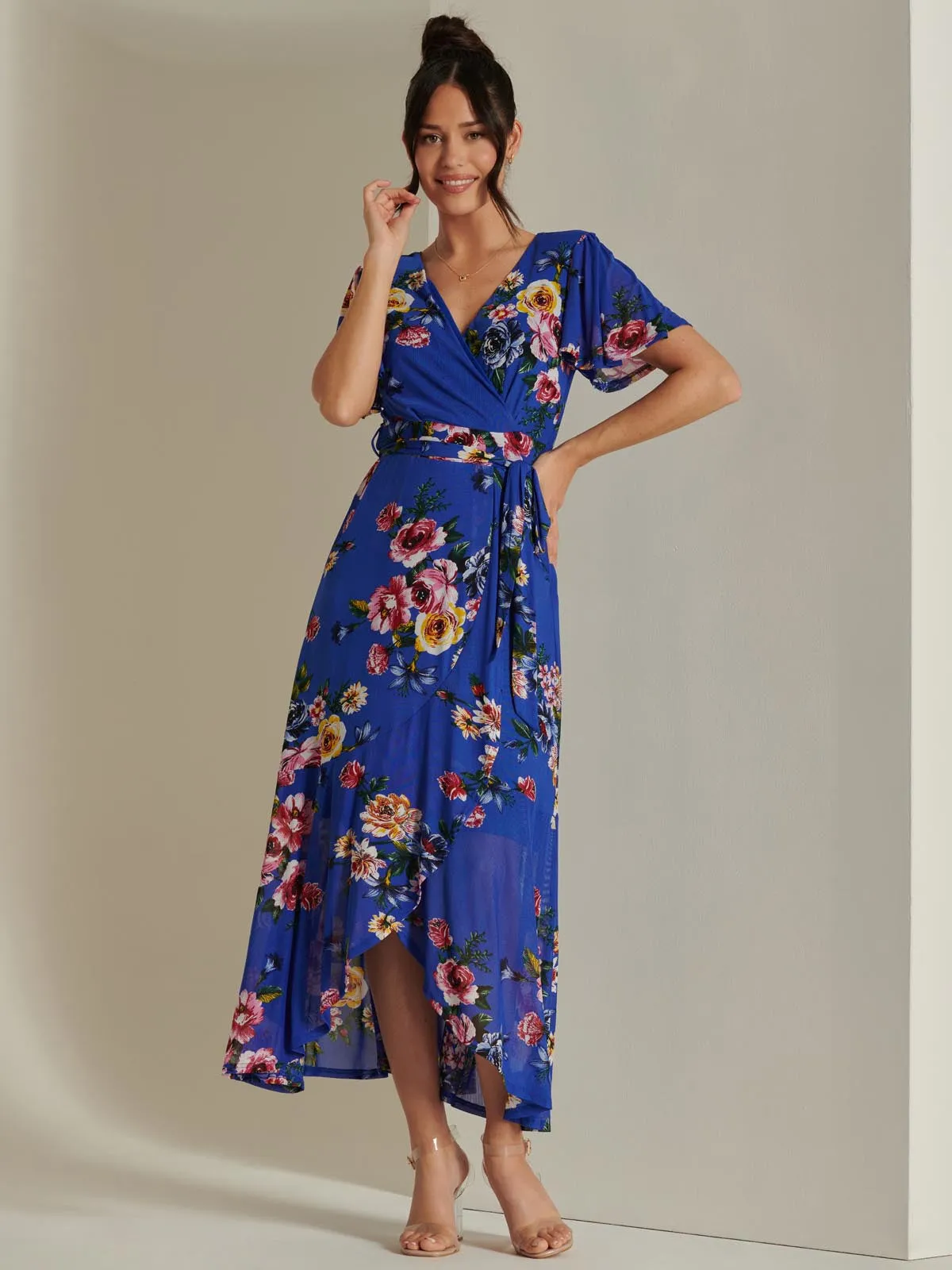 Frill Dip Hem Mesh Maxi Dress, Royal Floral