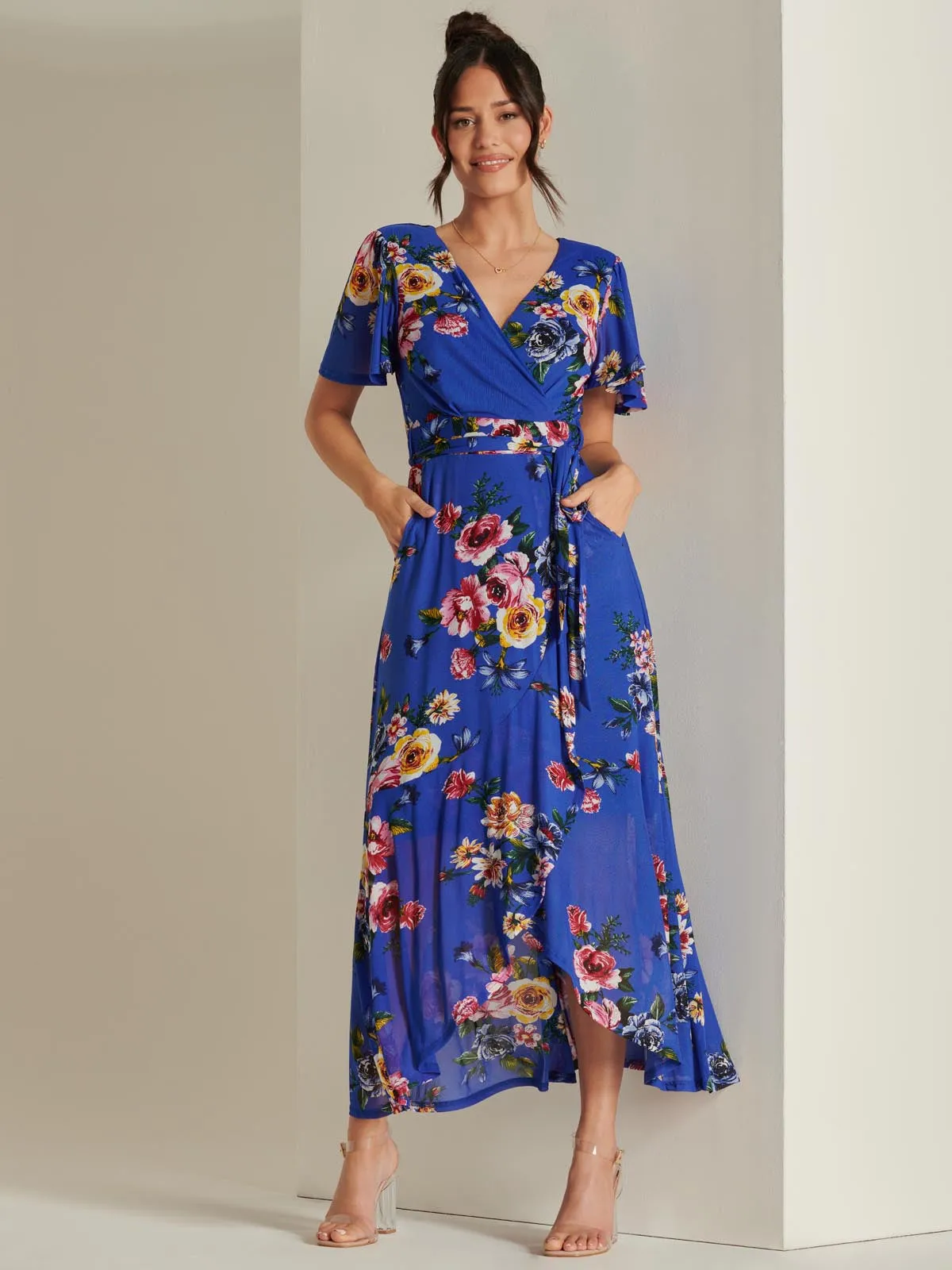 Frill Dip Hem Mesh Maxi Dress, Royal Floral