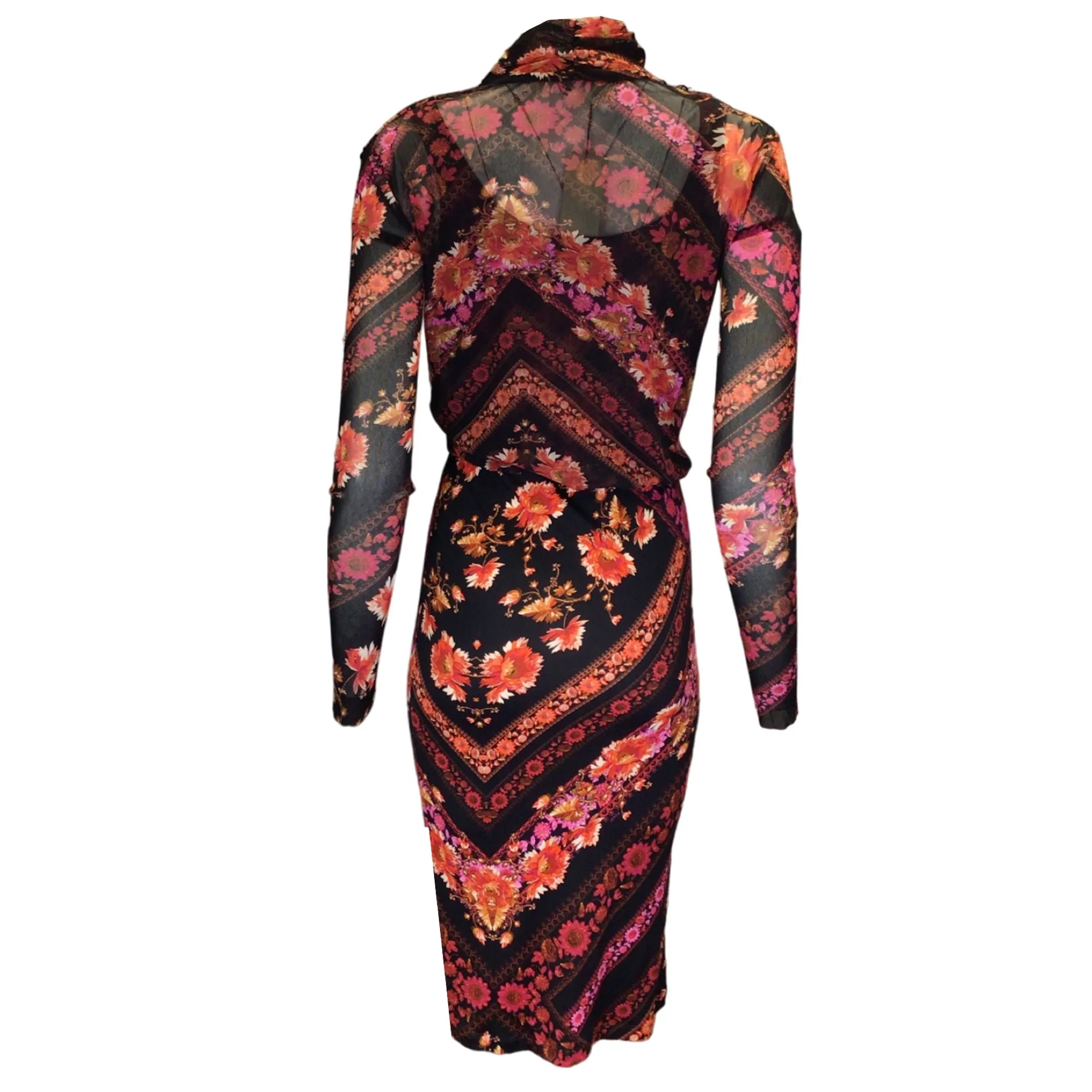 Fuzzi Black / Fuchsia Multi Floral Printed Mesh and Satin Midi Dress