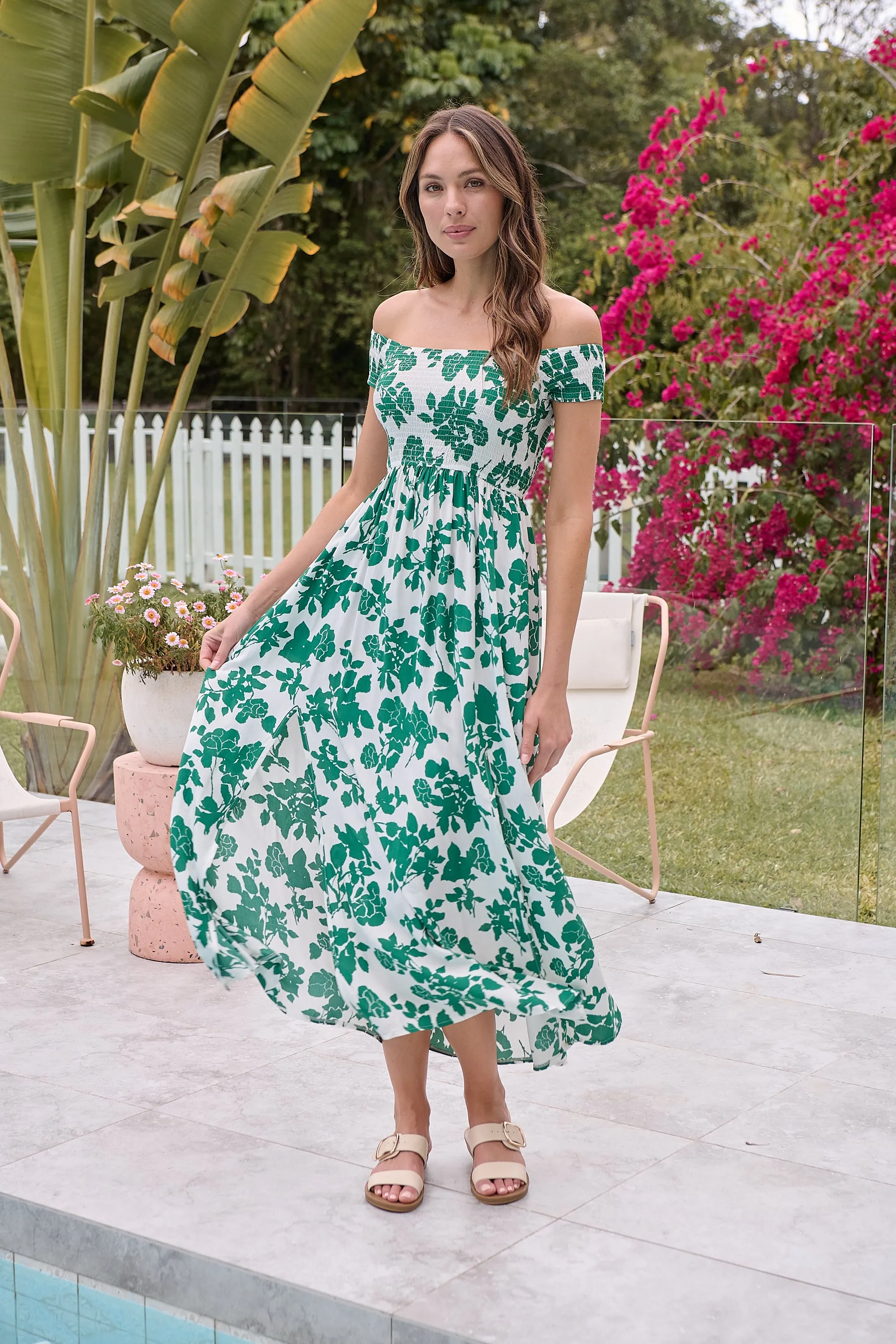 Gigi Off Shoulder Green/White Floral Print Shirred Maxi Dress