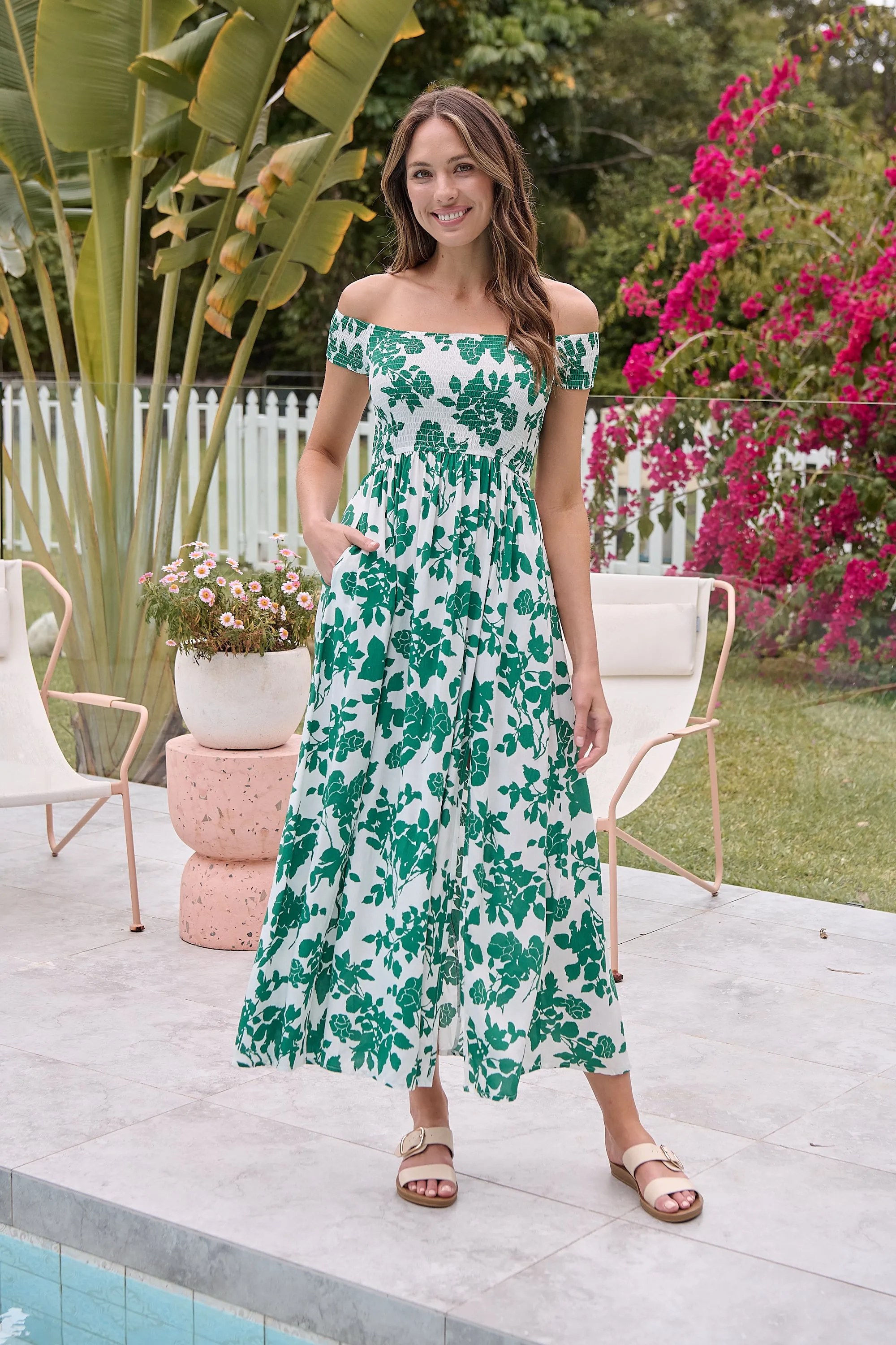 Gigi Off Shoulder Green/White Floral Print Shirred Maxi Dress