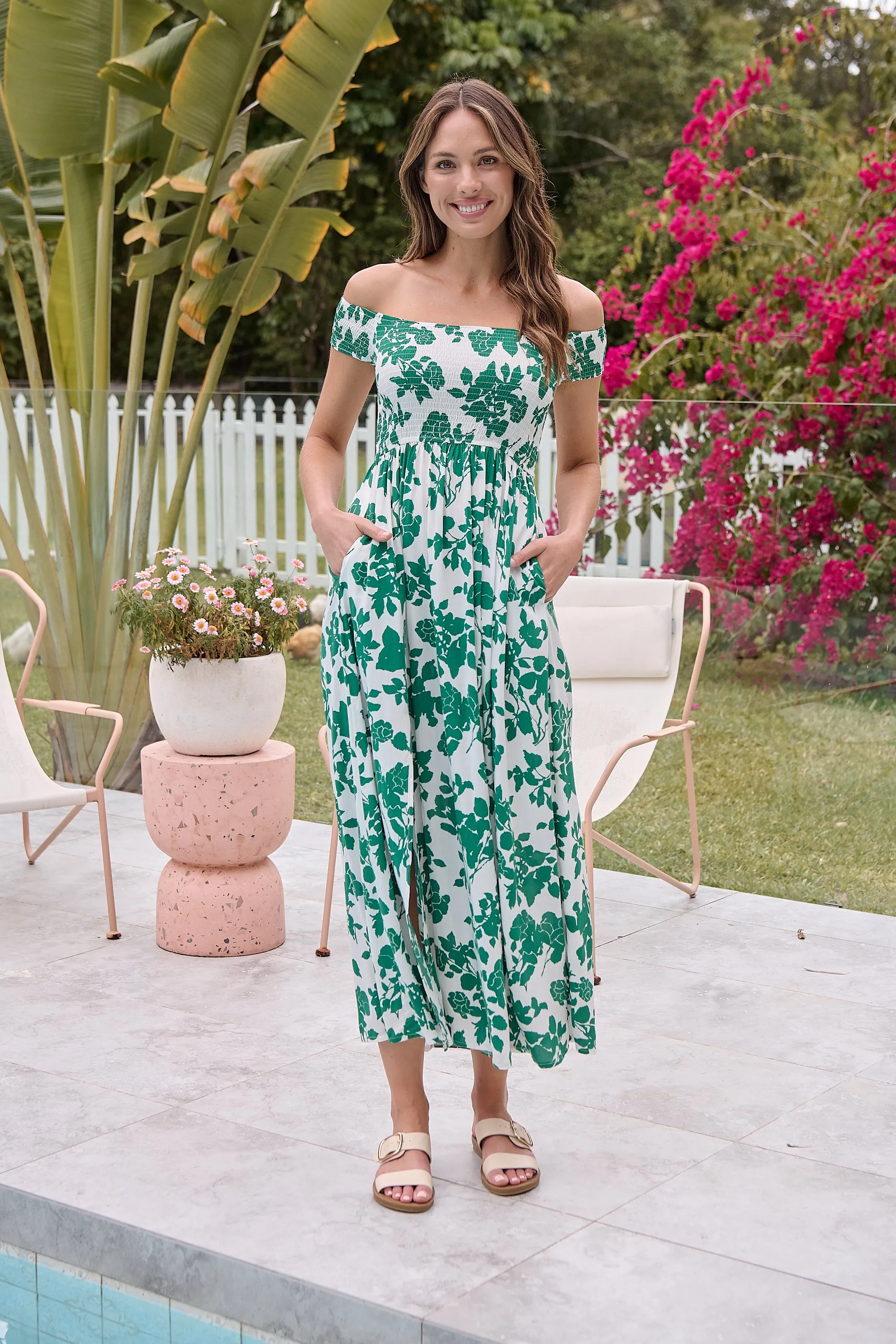 Gigi Off Shoulder Green/White Floral Print Shirred Maxi Dress