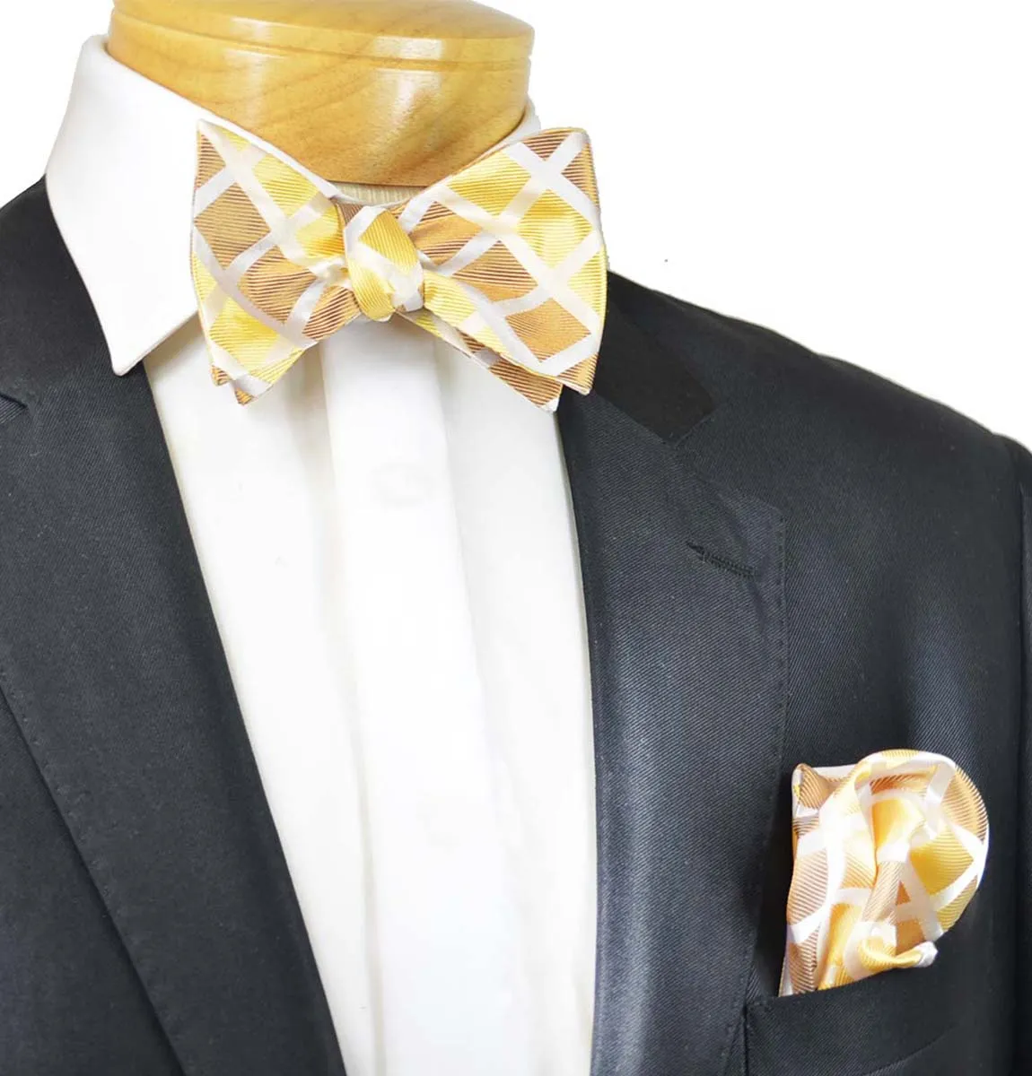 Gold and Tan Checkered Silk Bow Tie Set