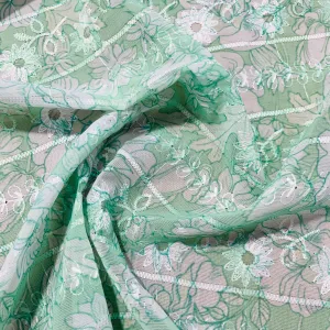 Green & White Thread Embroidery Imported Organza Chiffon Fabric