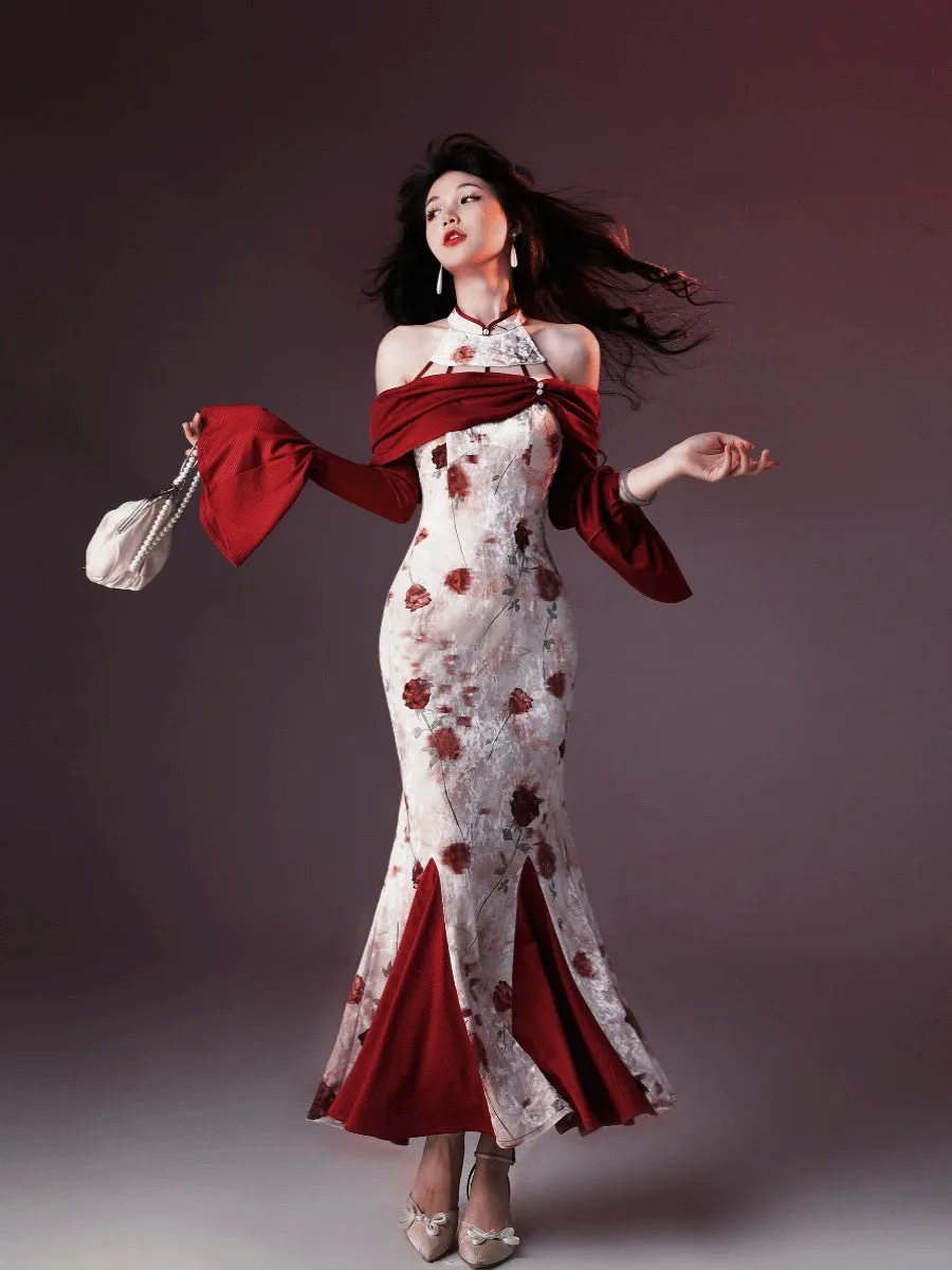 Halter Neck Modern Long Cheongsam, Wine Stained Rose 酒渍玫瑰