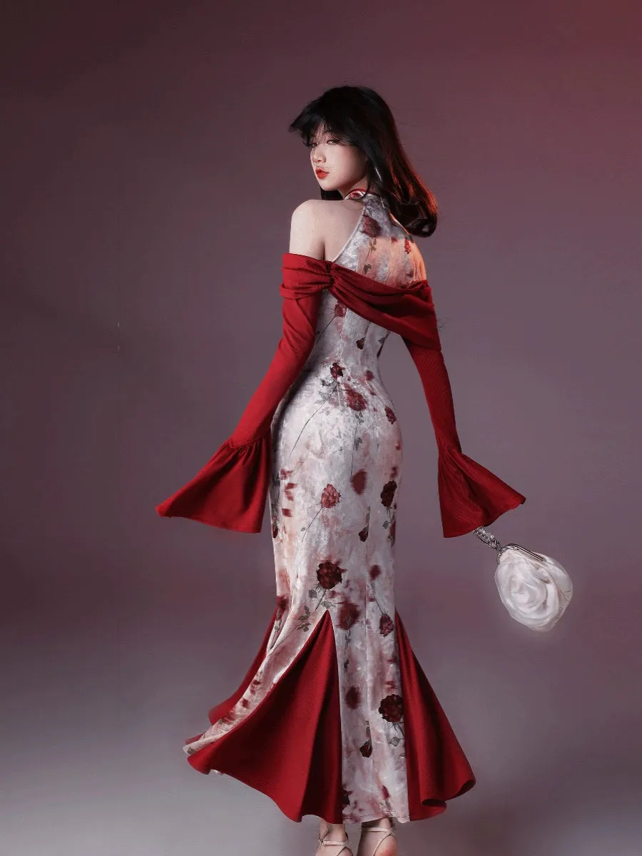 Halter Neck Modern Long Cheongsam, Wine Stained Rose 酒渍玫瑰