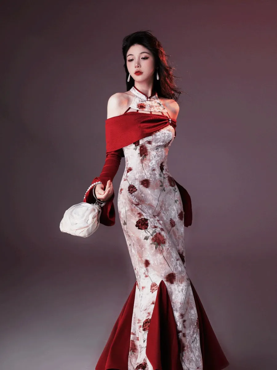 Halter Neck Modern Long Cheongsam, Wine Stained Rose 酒渍玫瑰