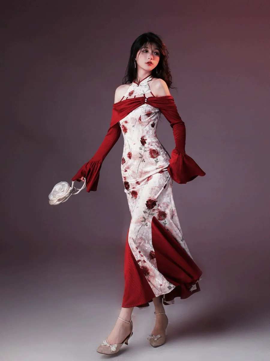 Halter Neck Modern Long Cheongsam, Wine Stained Rose 酒渍玫瑰