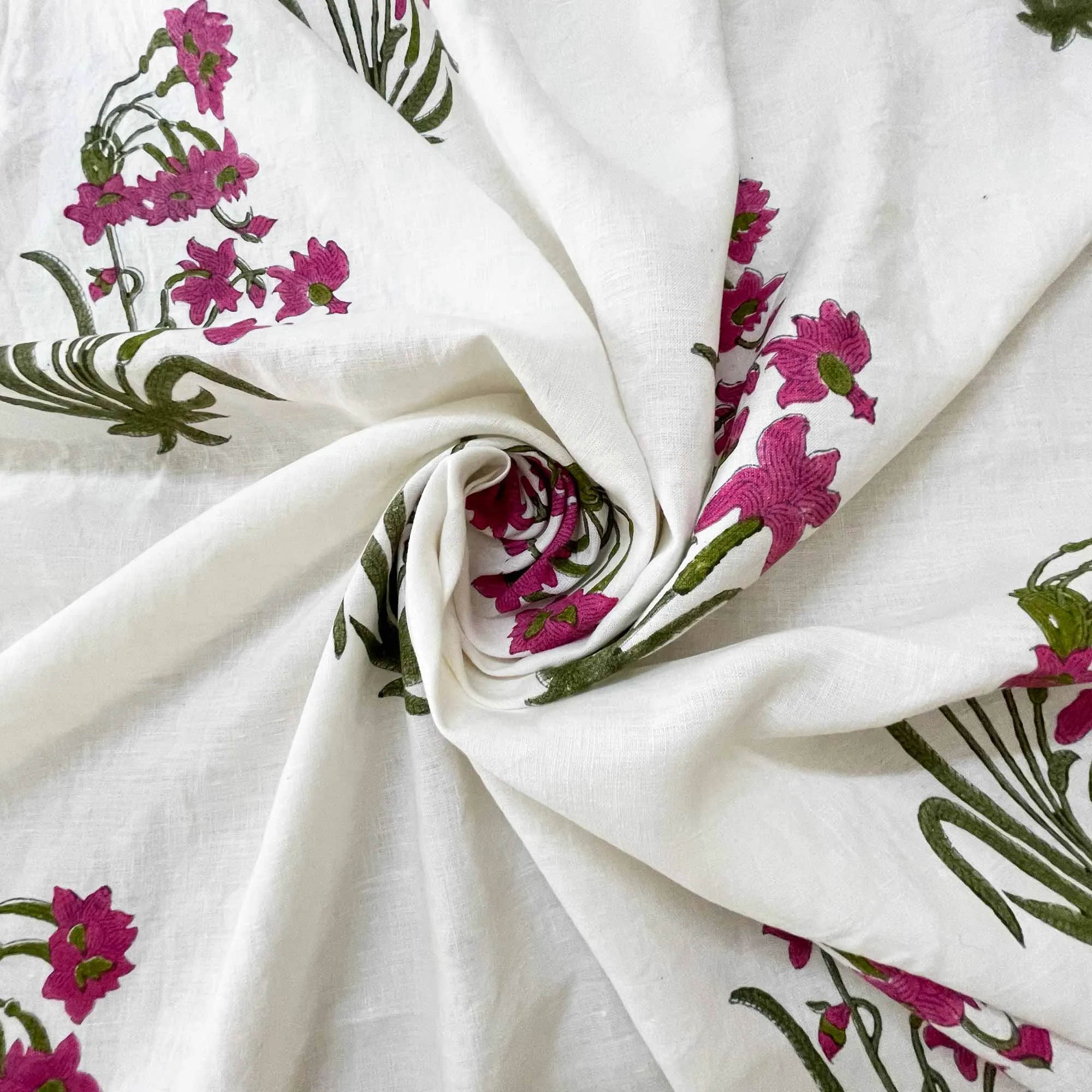 Hand Block Printed Big Floral Print Linen Fabric