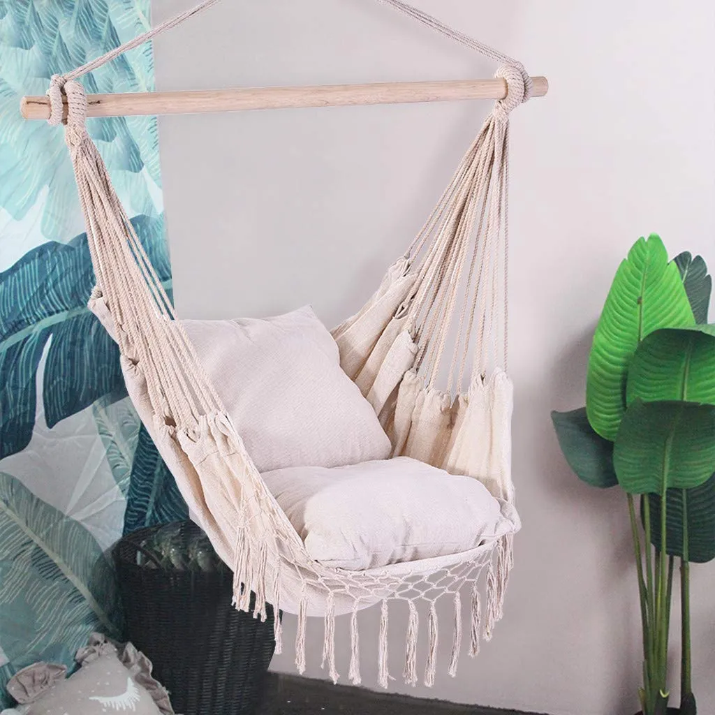 Hanging Hammock Net Swing Chair with Two Cushions